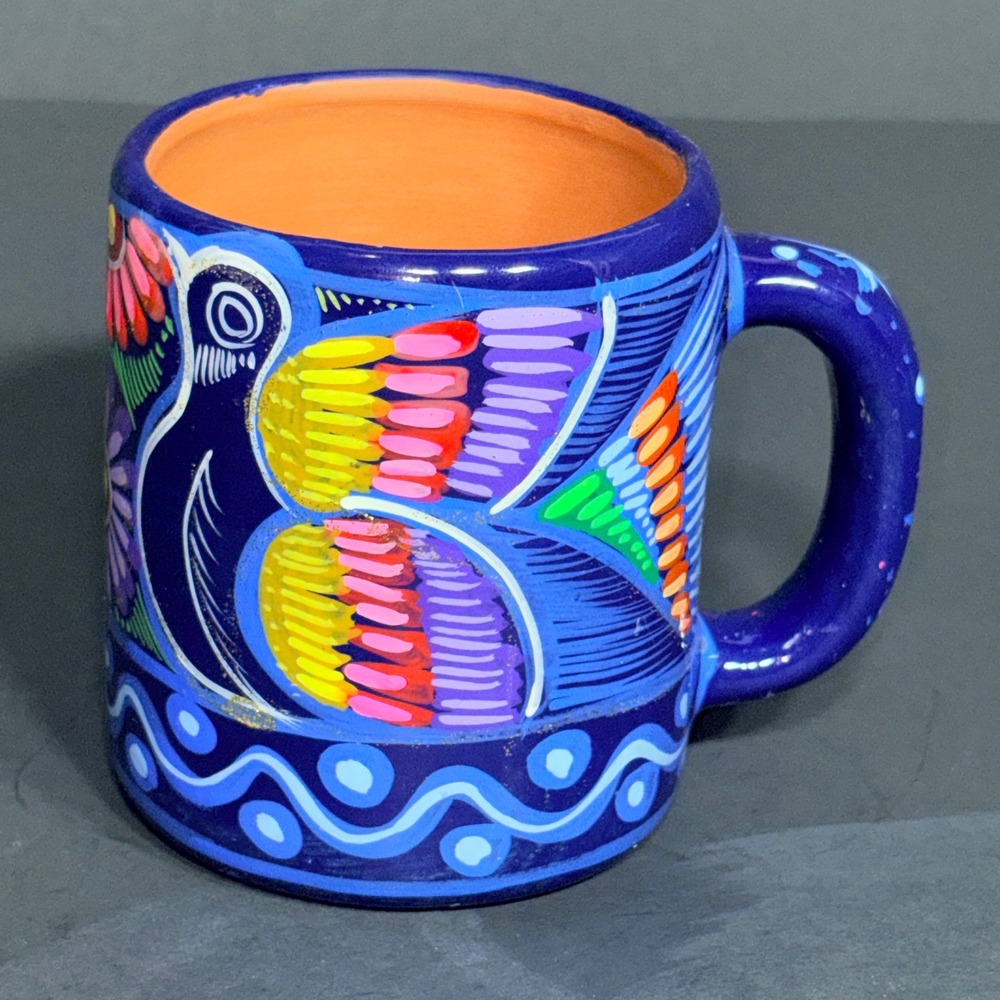 Mexican Folk Art Hand Painted Bird Floral Cobalt Blue Red Clay Mug Vallarta